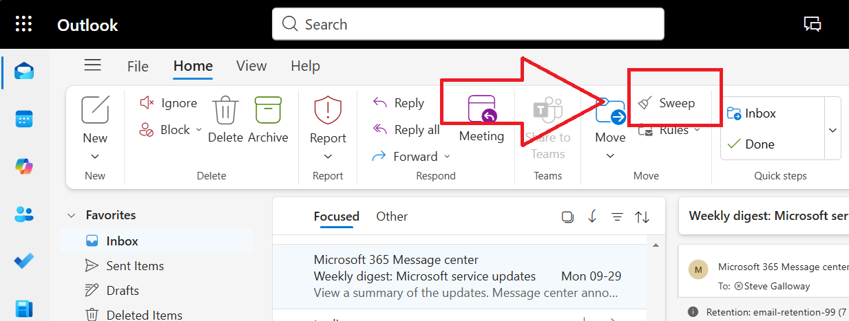 outlook sweep button