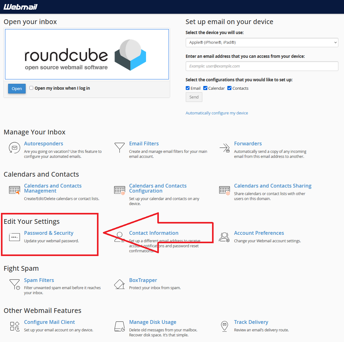 change your email password using Roundcube Webmail home page