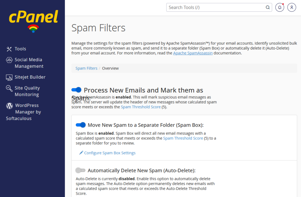 cPanel spam filters configutration