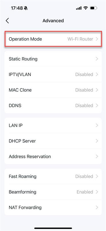 Finding Operation mode settings on TP-Link Deco app