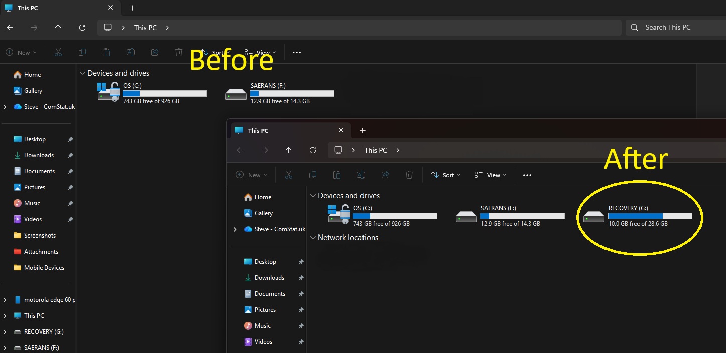 windows recovery drive before and after